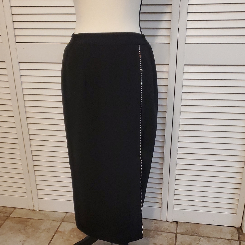 Elegant Black Skirt with Rhinestone detail along side slit, Size 8 Petite